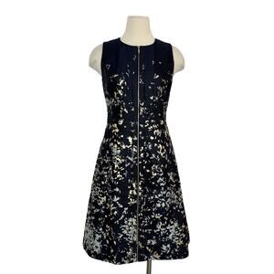 Lafayette 148 Sleeveless Zip Front Dress A-Line Abstract Print Navy Cream Size 4